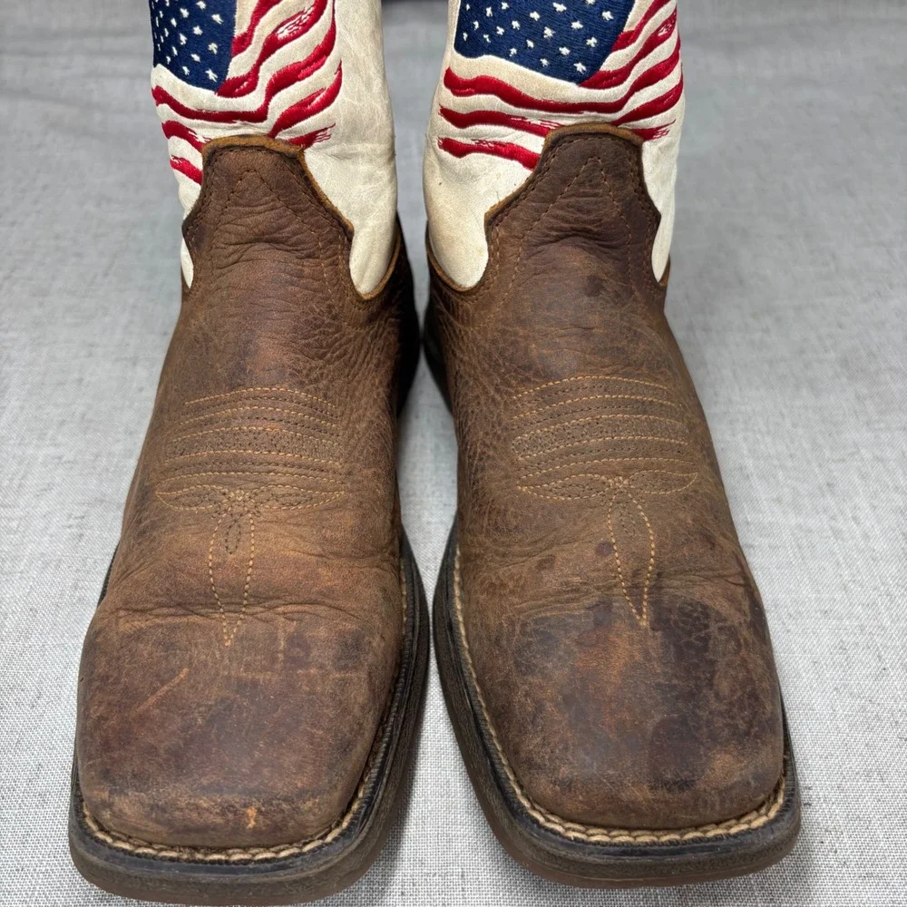 Durango Lil Rebel American Flag Brown Leather Square Toe Cowboy Boots Kid Size 6